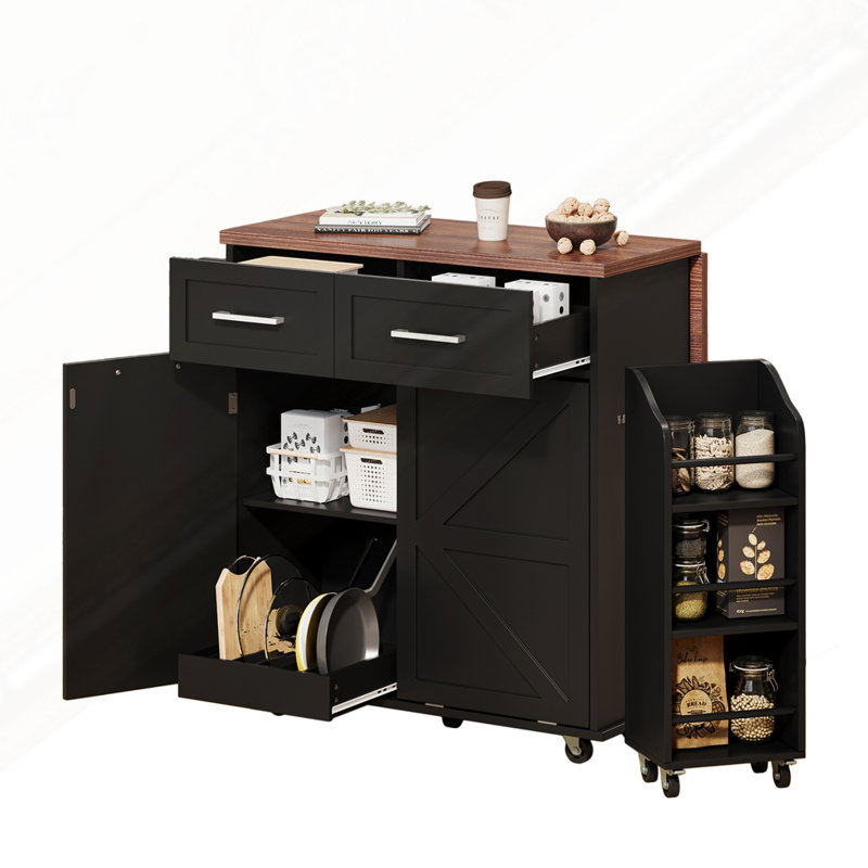 47.2" Farmhouse Kitchen Island With Drop Leaf, Black