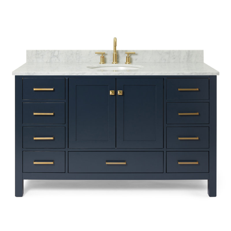 Flynt 55'' Single Bathroom Vanity with Carrara Marble Top, Midnight Blue
