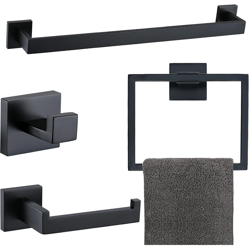 Matte Black Bathroom Accessories Set - 4-Piece Stainless Steel Towel Rack Holder Kit With Mounting Hardware For Modern Bathroom Decor