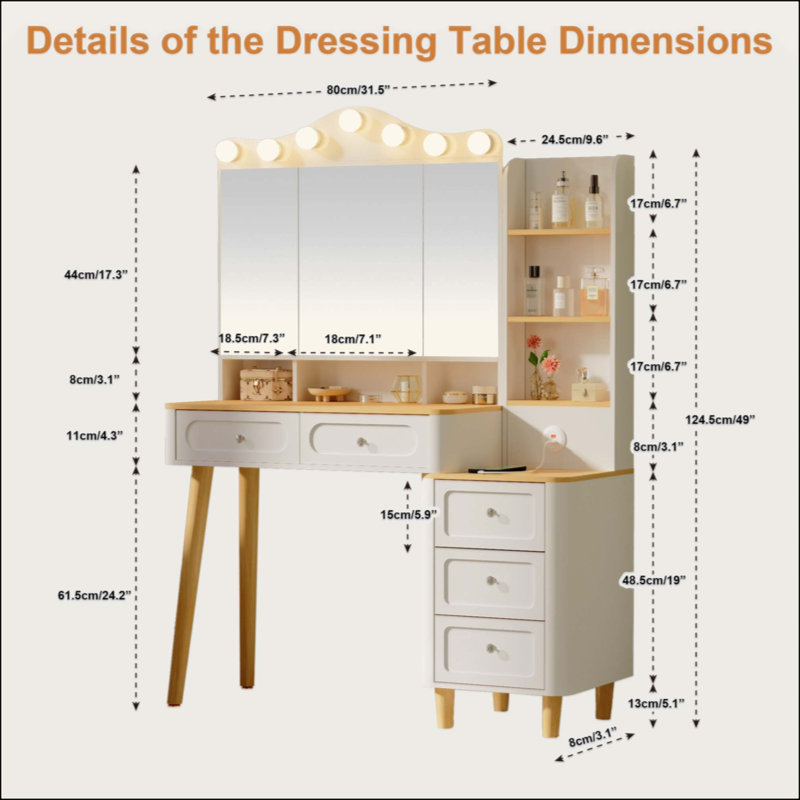 Vanity Desk with Mirror and Lights,Makeup Vanity with 2 USB Power Strip,Vanity Set with Two Drawers and Three-drawer Chest, 3 Lighting Modes Adjustable Brightness, Foldable Three-sided Mirror