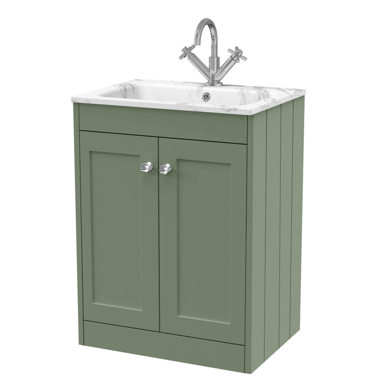 Old London Ashwick Pebble Grey 800mm Floorstanding 2-Door  Unit With Stone Basin 1 Tap Hole, 610 cm, Satin Green, White/Gray