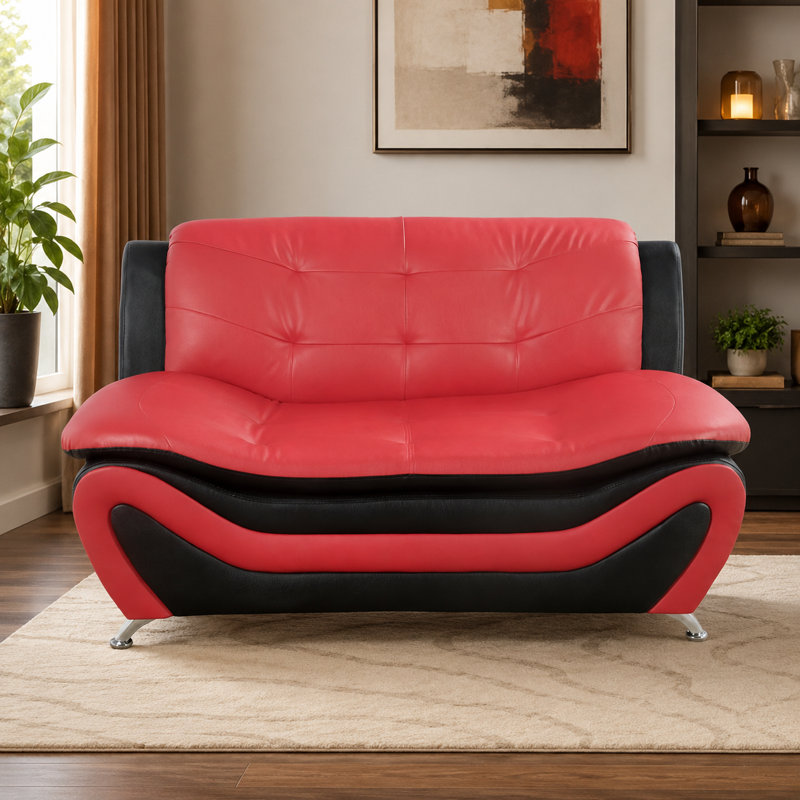 Causeuse moderne en similicuir de 60 po avec dossier capitonné , Noir / Rouge