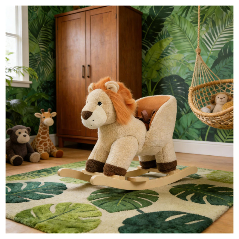 Cheval à bascule brun en peluche avec sons rugissants