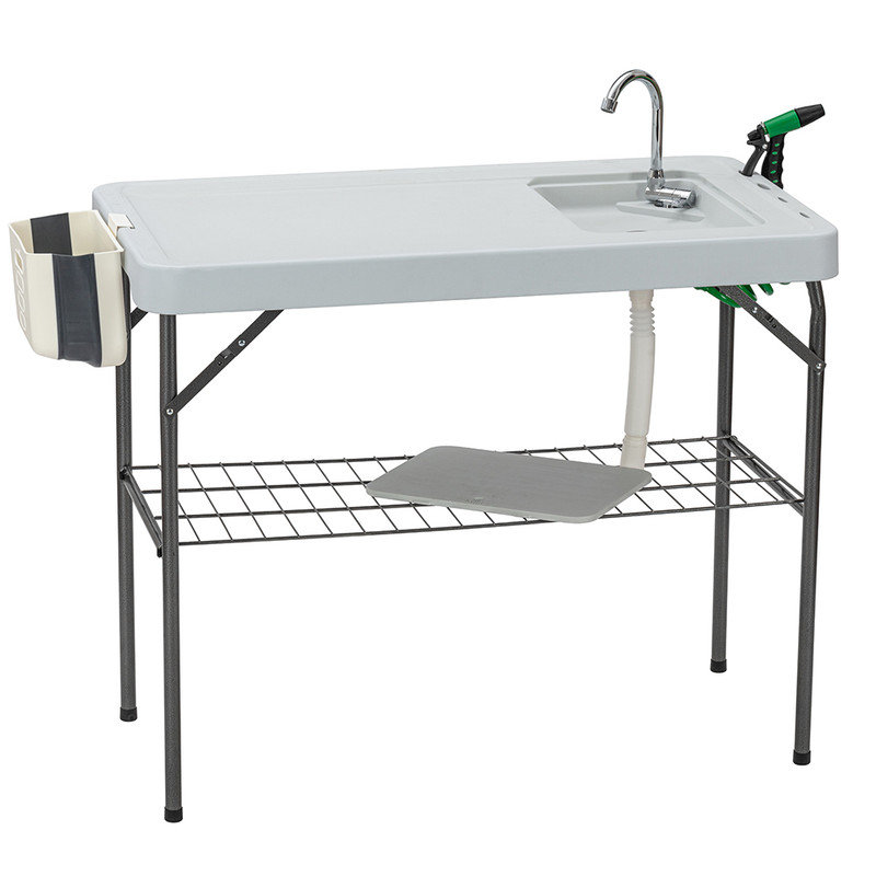 Folding Fish Cleaning Table with Sink, Portable Camping Table with Faucet Drainage Hose & Sprayer, Outdoor Fish Fillet Cleaning Station with Grid Rack for Picnic Fishing