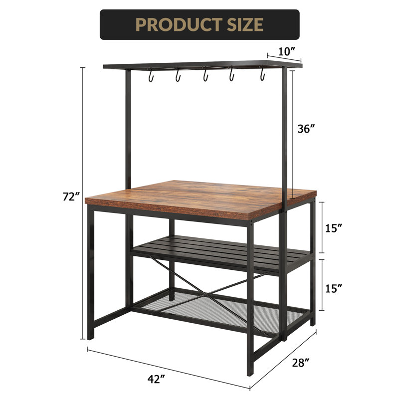 42-Inch Kitchen Island with Storage in Wood - Bakers Rack with 3-Tier Shelves and 5 Hooks, Prep Table for Kitchen