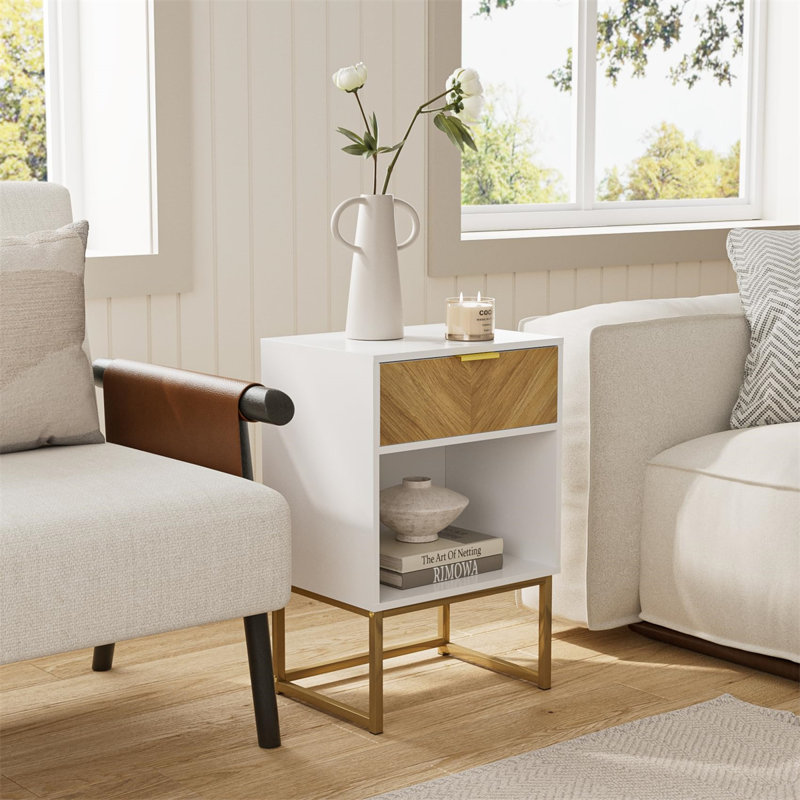 Table With Storage Drawer And Open Shelf,Side End Table For Bedroom,Living Room,Office White