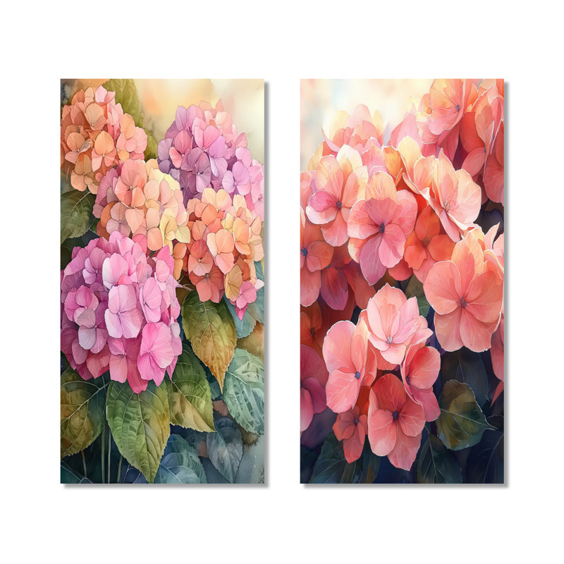 «Hydrangeas in the Sunset Glow II», ensemble de 2 reproductions d'art mural botaniques en métal, 32" H x 32" W