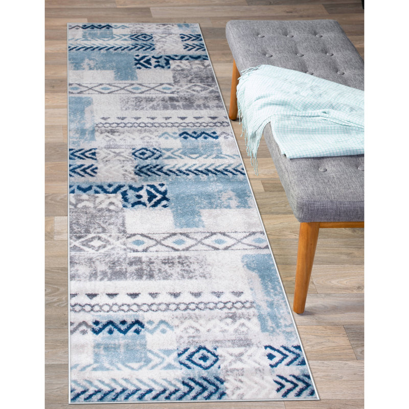 Tapis bleu / gris Alvardo, Tapis de couloir de 2 pi x 7 pi