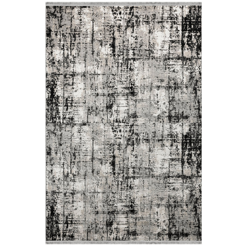 Tapis abstrait en polyester touffeté à la main noir / gris, Rectangle 6 pi 7 po x 9 pi 6 po