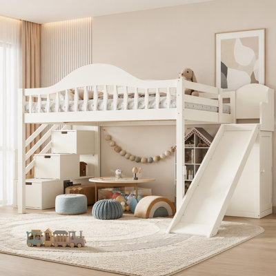 Lit mezzanine double avec escalier de rangement, glissade et garde-robe intégrée, garde-corps haut élégant, cadre de lit mezzanine en bois pour la chambre à coucher, les dortoirs, les invités. Beige