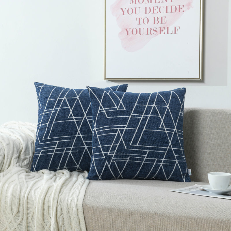 Housse de coussin en jacquard à motif géométrique en chenille moderne, Bleu foncé, H 16 po x l 16 po