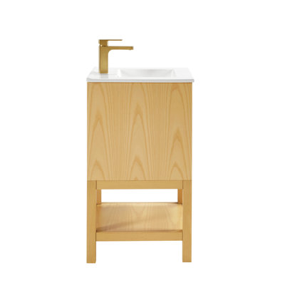 Meuble-lavabo préassemblé de 50 cm (20 pouces) avec structure en bois massif, tablette réglable, lavabo en céramique intégrée, pieds amovibles, blanc et frêne, idéal pour les petites salles de bain modernes.