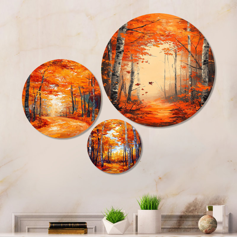 «Wild Brush Autumn Forest - Orange Nature», art mural en métal 3 pièces