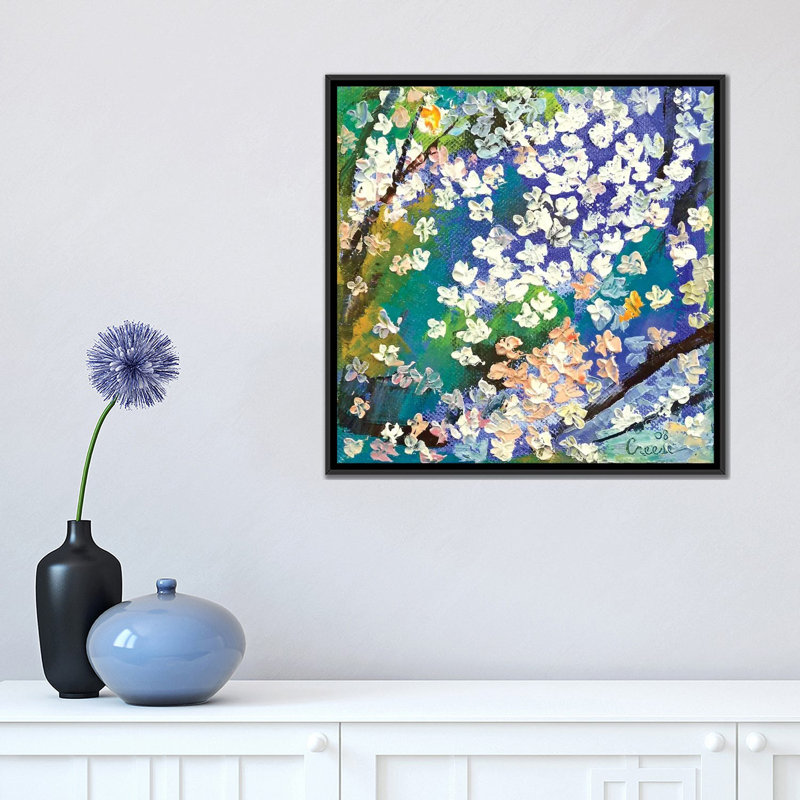 « sakura », peinture à l’huile sur toile, H 18 po x l 18 po x P 1,5 po, Toile avec cadre noir, Pas de tapis