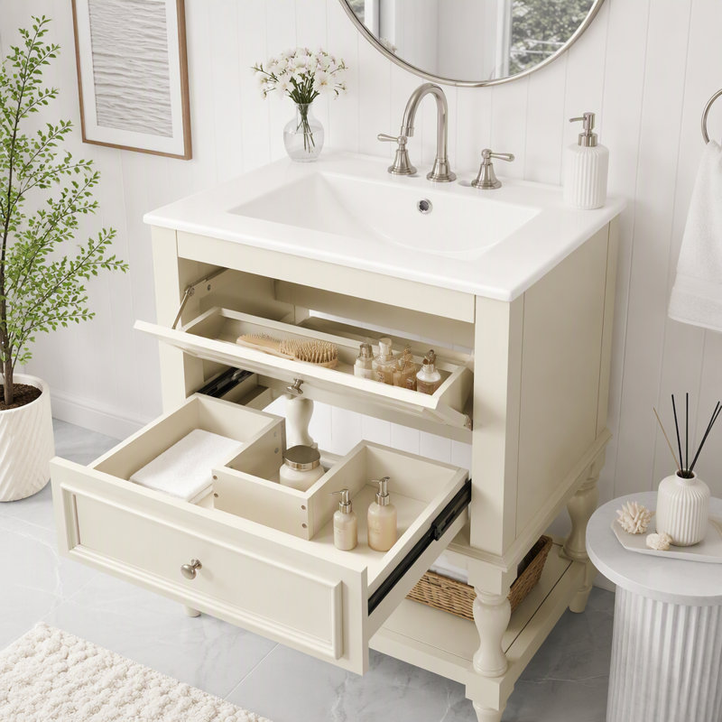 Meuble-lavabo 24 po avec lavabo en céramique, Beige