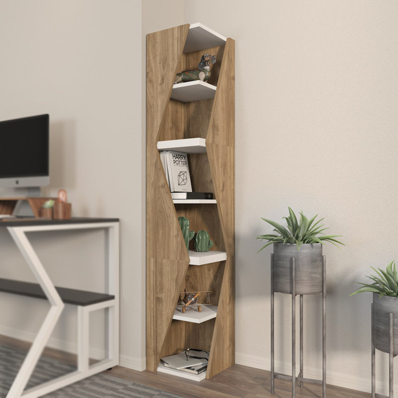 Bibliothèque moderne en noyer et blanc, 63,0 po x 12,6 po x 12,6 po | Panneau de particules durable recouvert de mélamine à 100%, épaisseur: 0,7 pouce | Solution de rangement élégante pour la maison et le bureau, conception peu encombrante