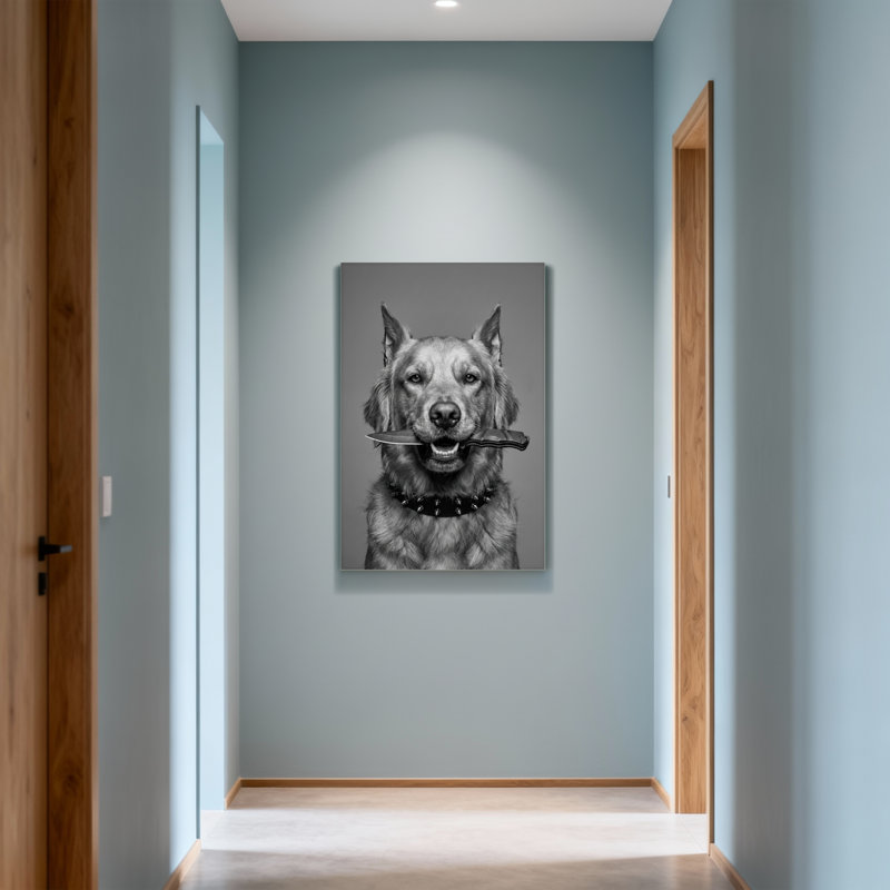 Animals Dog Holding Knife In Mouth Gray Background, 48" H x 32" W