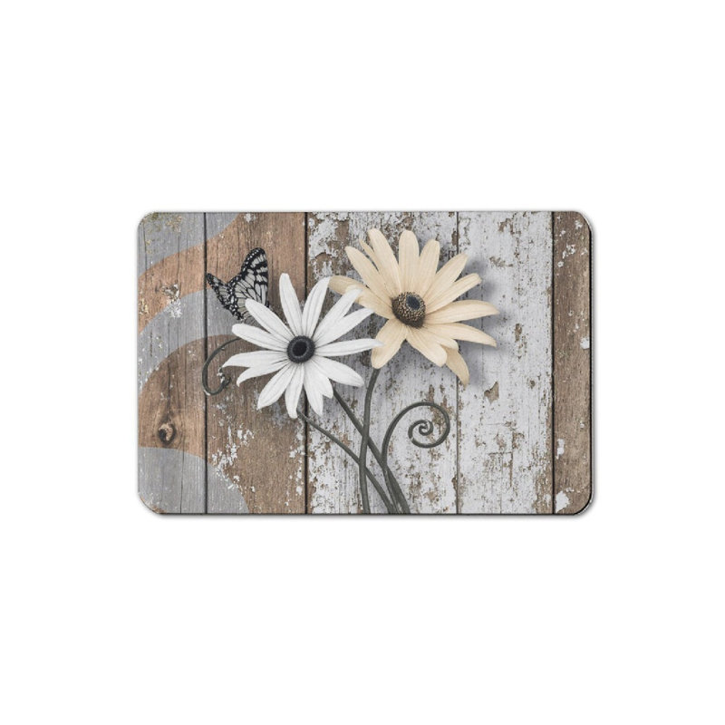 Tapis de bain marguerite et papillon sur bois, 16 x 24 po, Floral gris / blanc