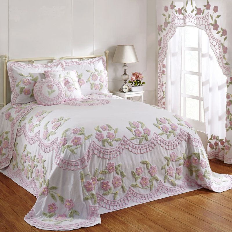 Bloomfield 100% Cotton Chenille Tufted Bedspread Set Floral Design Machine Washable, All Season Ultra Soft Bedding Set, Rose