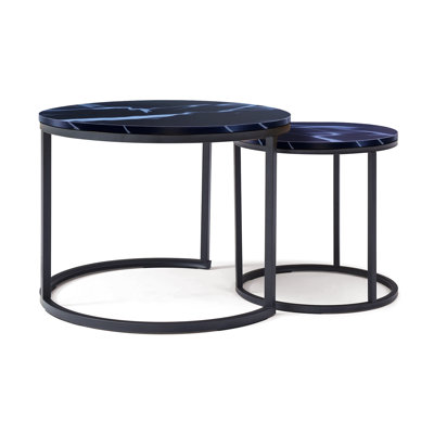 Set 2 Coffee Table Nesting Frame Circular Round And Marble Pattern Wooden Tables(Only Including Coffee Table,Without Chairs)