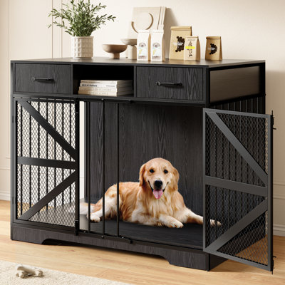    44" Farmhouse Dog Crate Furniture for Medium & Large Dogs Dog Kennel Furniture with Lockable Double Doors, 2 Storage Drawers & Open Shelf, Wooden Indoor Kennel Console Table,Black