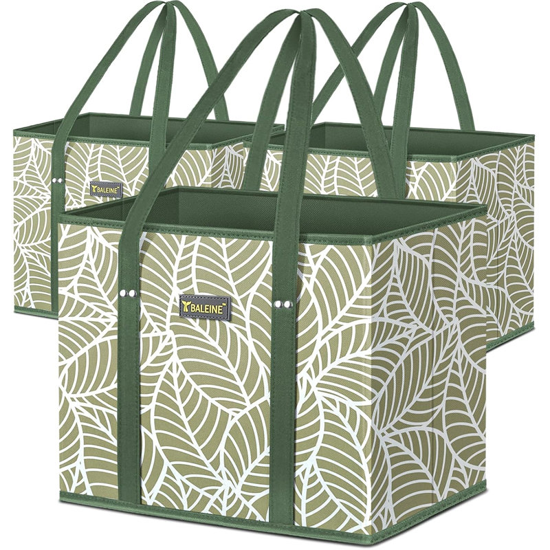 Ensemble de 3 sacs de magasinage réutilisables et pliables avec fond renforcé et poignées, feuillage antique