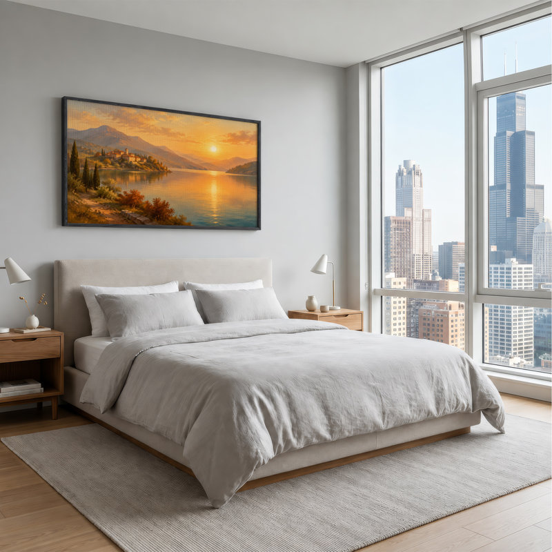 «Golden Sunset Over Lake And Hillside Village», art mural sur toile, 40“W x 20”H