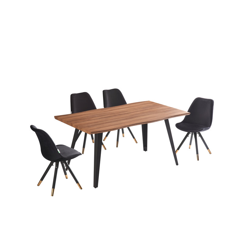 Gruffudd 4 Person Dining set - a Rectangular Wooden Dining Table with Metal Legs and a Set of 4 Quilted Velvet Dining Chairs for Dining Room - Modern Dining Table Set