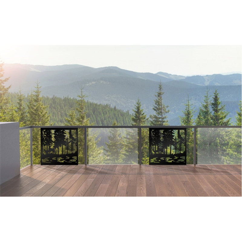 Panneau d'intimité en aluminium découpé au laser avec cerf surplombant la rivière - art mural extérieur en métal thermolaqué, cloison décorative