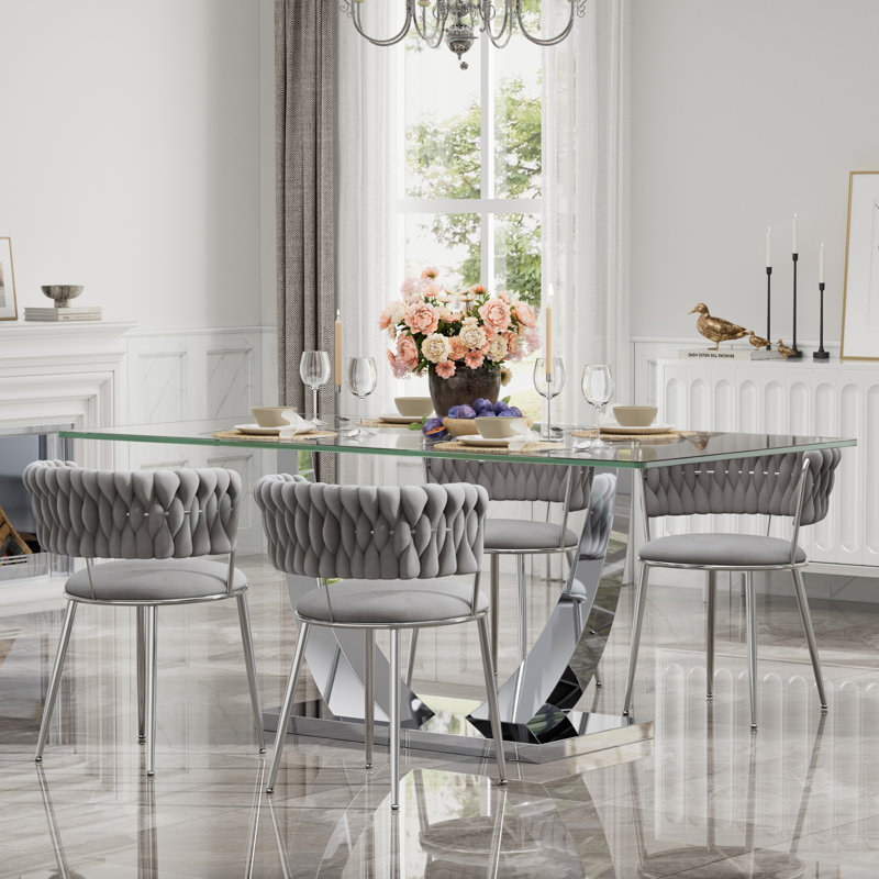Ensemble de salle à manger à piédestal rectangulaire avec chaise de salle à manger en velours Modern Weaven, Table, 4 chaises