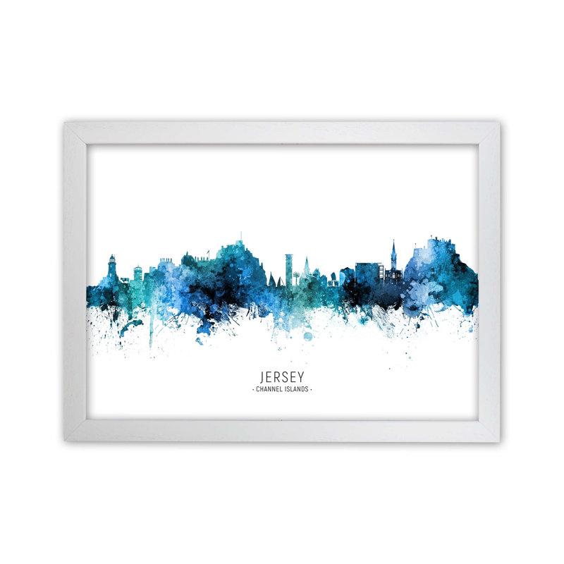Jersey Channel Islands Skyline Blue City Name by Michael Tompsett - Print, White Framed, 64cm H x 88cm W x 3cm D