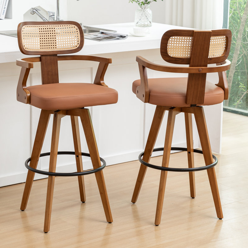 Swivel Upholstered Cane Back Bar Stools, Brown, Bar Stool (30.31" Seat Height)
