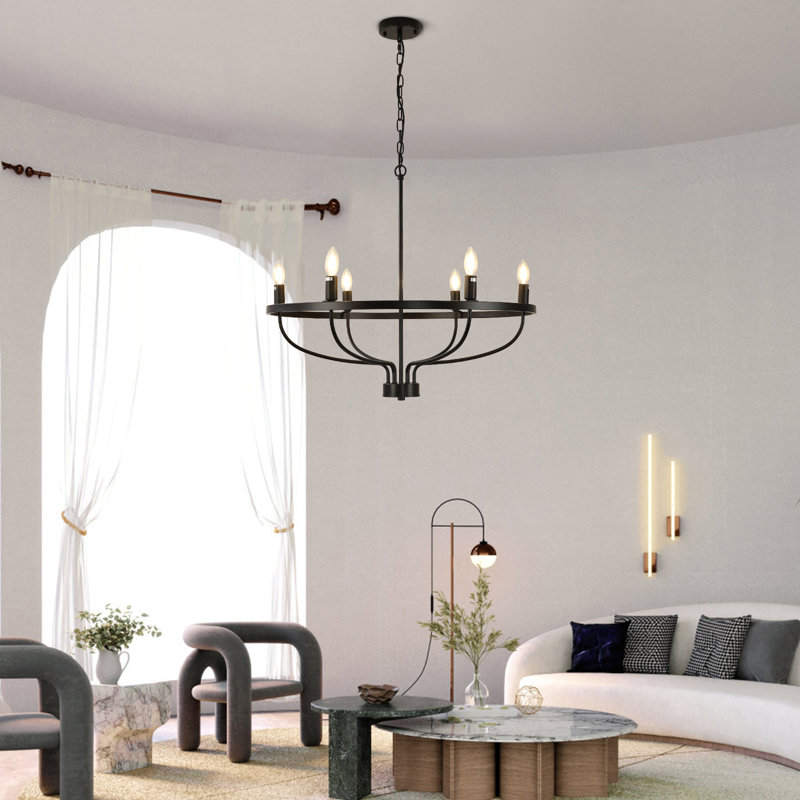 Vinesh 6 - Light Height Adjustable Rustic Golden Metal Chandelier, Black