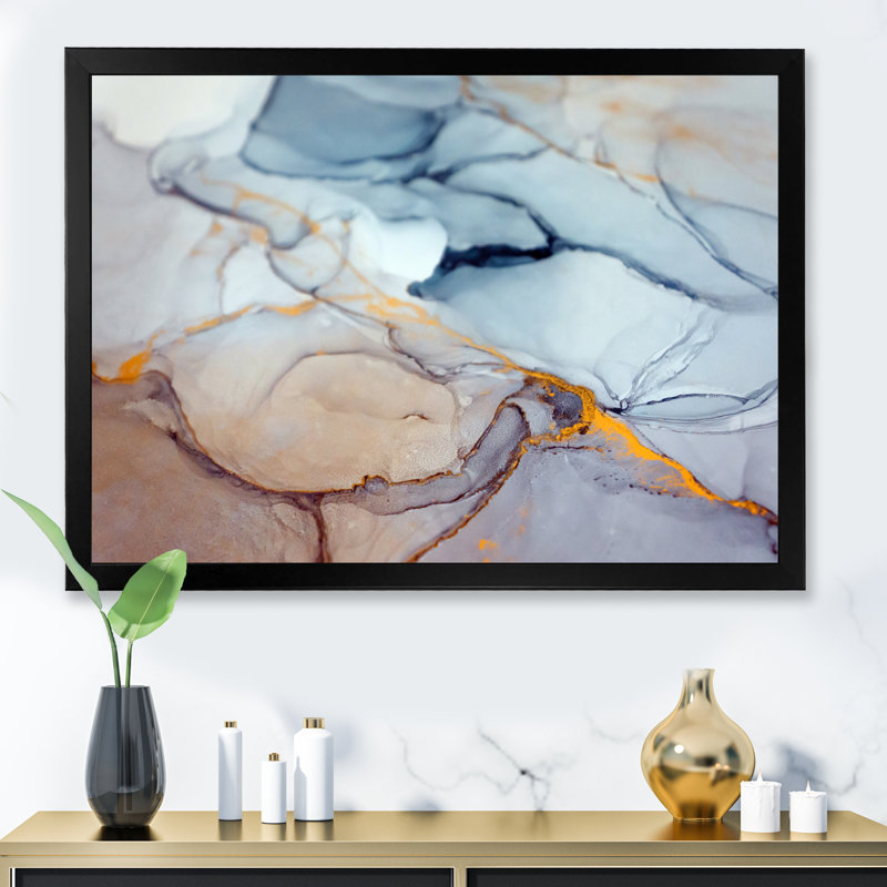 Impression de luxe sur toile marbrée bleue et grise, H 12 po x l 20 po x P 1 po, Impression noire sur toile encadrée