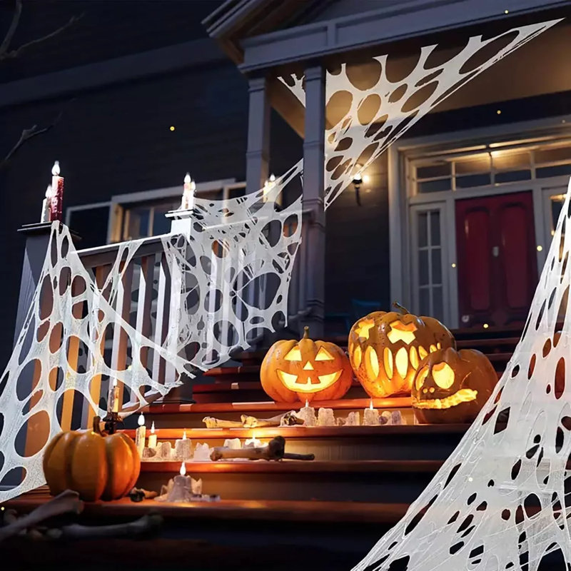 450 Sqft Spider Webs Gauze & 49in Spider Halloween Decorations Outdoor Stretchy Webs