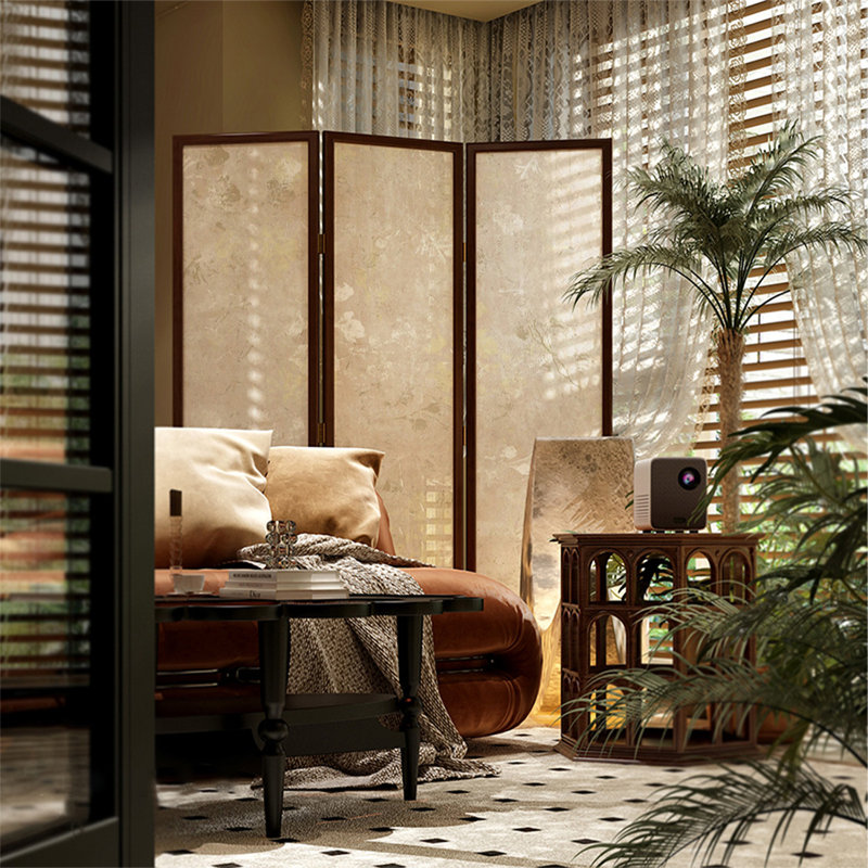 Cloison pliante 3 pièces en bois massif noisette + toile, H 78,74 po x l 70,87 po x P 1,97 po