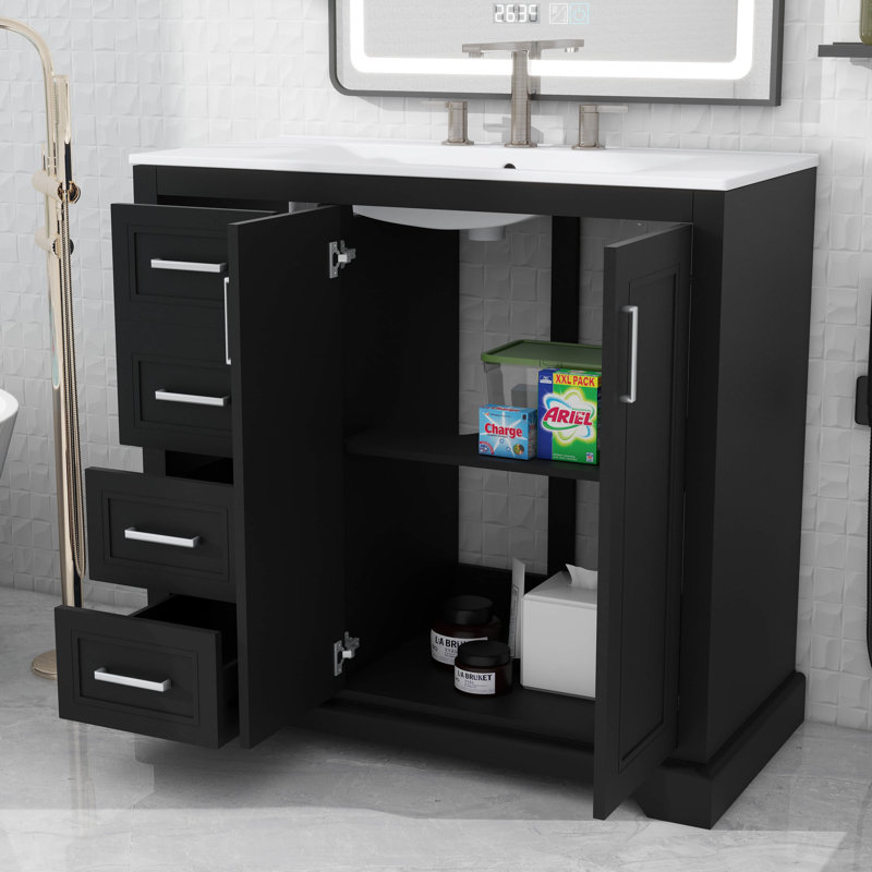 Meuble-lavabo de 36 po de style moderne avec lavabo en céramique, porte à fermeture douce, tablette réglable et 3 tiroirs