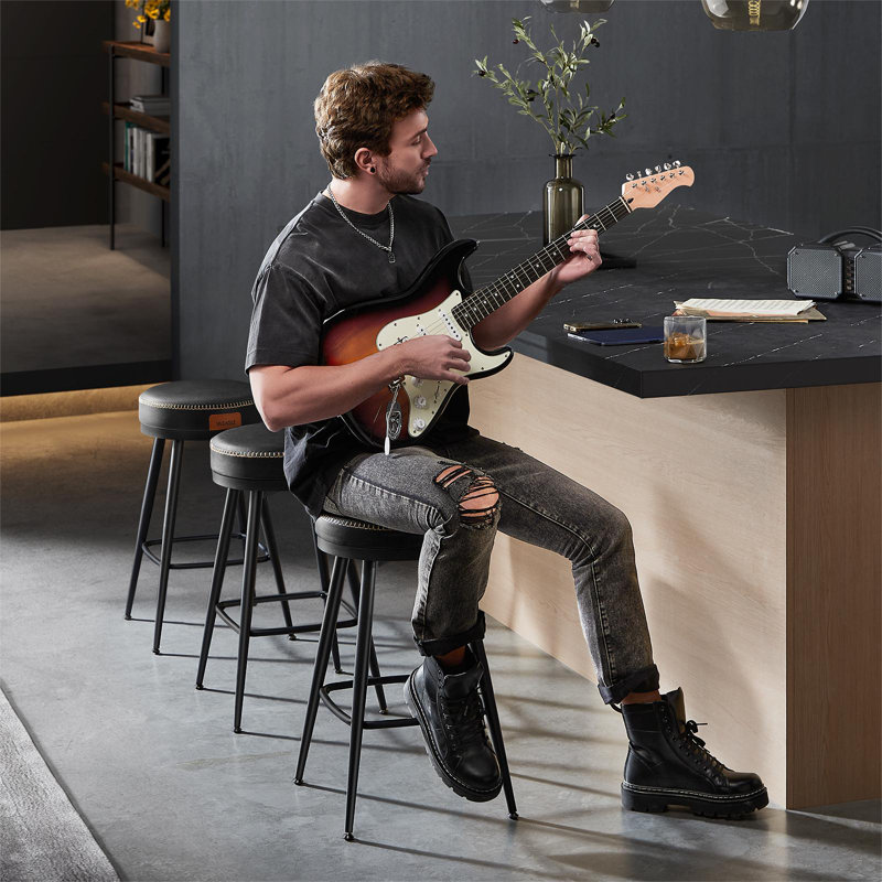 Bar Stools Set of 2, Counter Height Swivel Bar Stools, Synthetic Leather with Stitching, Black