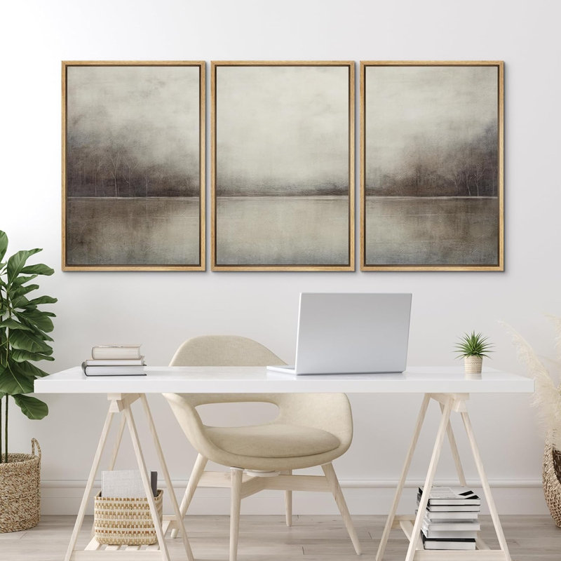Tableau représentant un paysage de lac gris brumeux, idéal pour le salon, impression giclée sur toile encadrée, Floater Frame