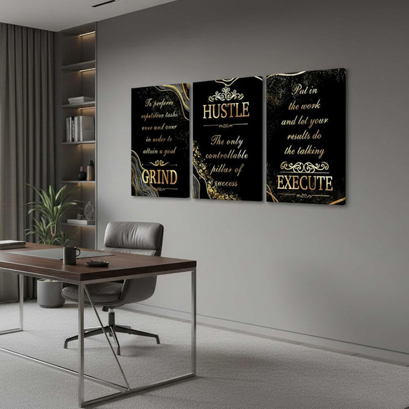 3 pièces noir or inspirant toile de bureau art mural Motivation broyeuse Hustle Execute Inspiring Quotes