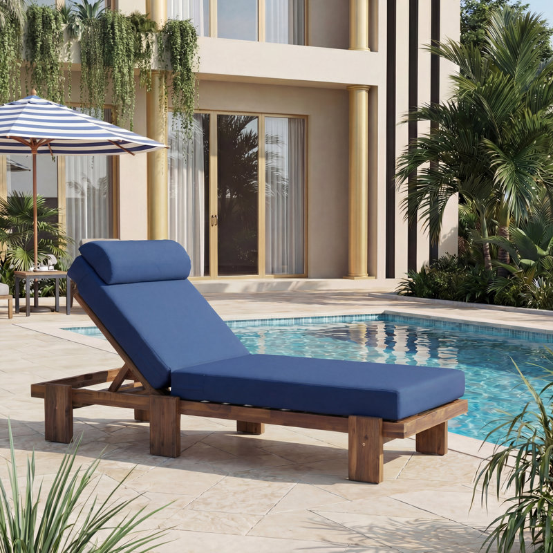 78.8" Acacia Wood Outdoor Chaise Lounge, Adjustable Recliner with Headrest & Retractable Side Tray for Patio, Poolside, Garden