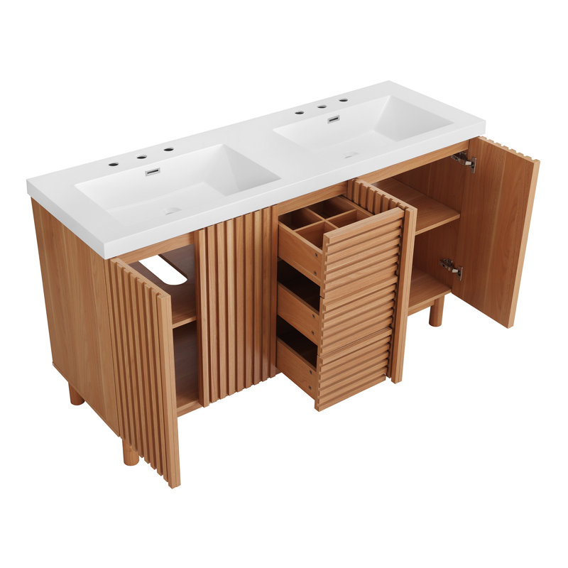 Meuble-lavabo double lavabo de 150 cm avec lavabo en résine SMC, caisson en MDF avec pieds en bois massif, charnières à fermeture douce et système de tiroirs dissimulés pour le rangement de la salle de bain.