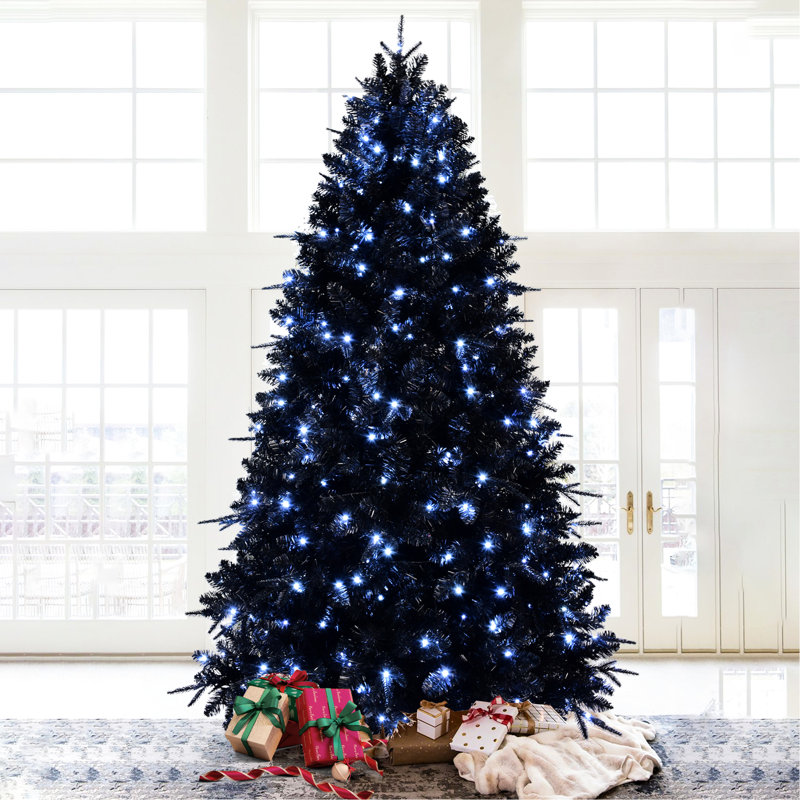 Arbre de Noël 9 pi noir, 750 lumières à DEL blanches, 3176 pointes Pe +, unique pour Noël et décoration, arbre artificiel à base en métal stable et facile à installer