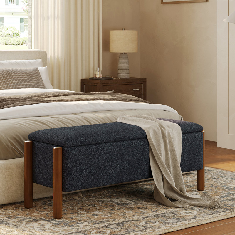 47'' Modern Upholstered Storage Bench With Walnut Wood Legs, Blue