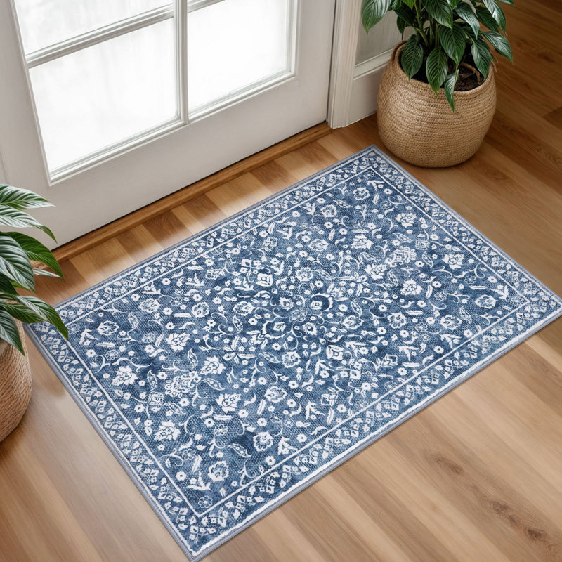 Blue Machine Washable Rugs for Bedroom Non-Slip Low Pile Throw Rugs with Rubber Backing Washable Carpet, Rectangle 2' x 3'