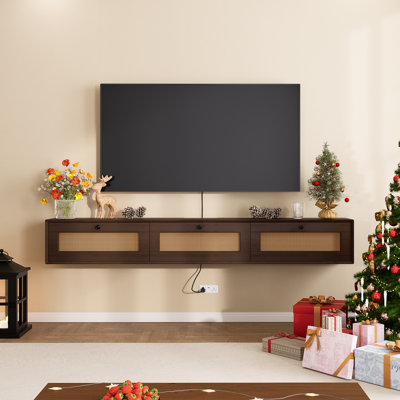 Fully Assembled Floating Tv Stand With Rattan Doors,wall Mount Tv Cabinet 78 In