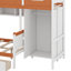 Lit superposé simple au-dessus d'un lit double en bois avec garde-robe, tiroirs, étagères et éclairage à DEL
