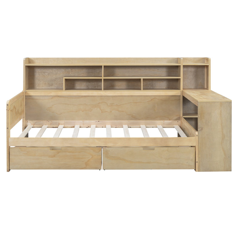 Bahiyah Wooden Multi-Functional Daybed With Storage Shelves, 2 Storage Drawers And Study Desk, Twin, Natural