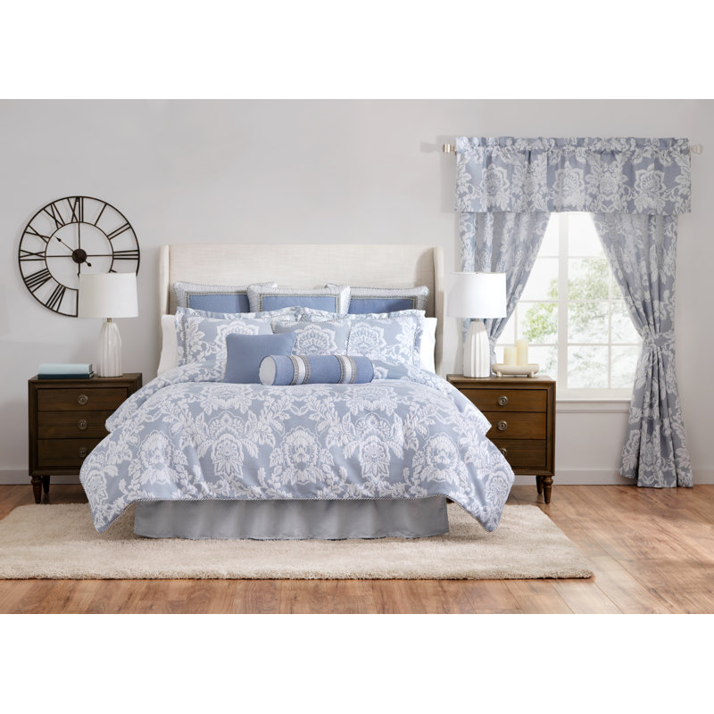 84" Light-Filtering White and Periwinkle Polyester Floral Drapery Panels