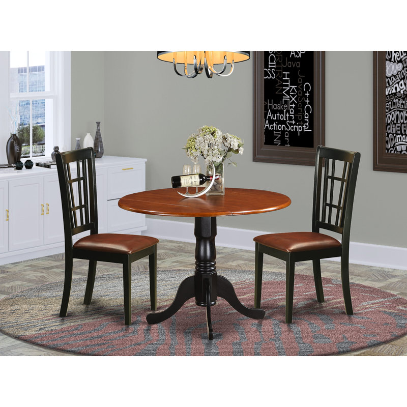 L'ensemble de salle à manger 3 pièces comprend une table de salle à manger ronde avec Dropleaf et 2 chaises rembourrées en similicuir de 42 po x 42 po, noir et cerise